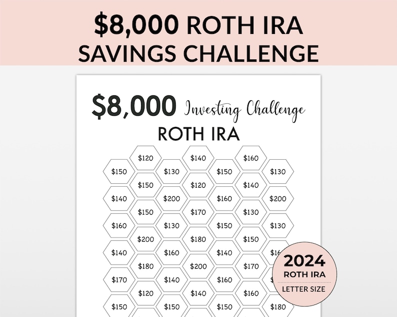 8000 Roth IRA Savings Challenge tracker, 8.000 Savings Tracker, Noodfonds afdrukbaar, Geldbesparende uitdaging afdrukbaar, Investering afbeelding 1