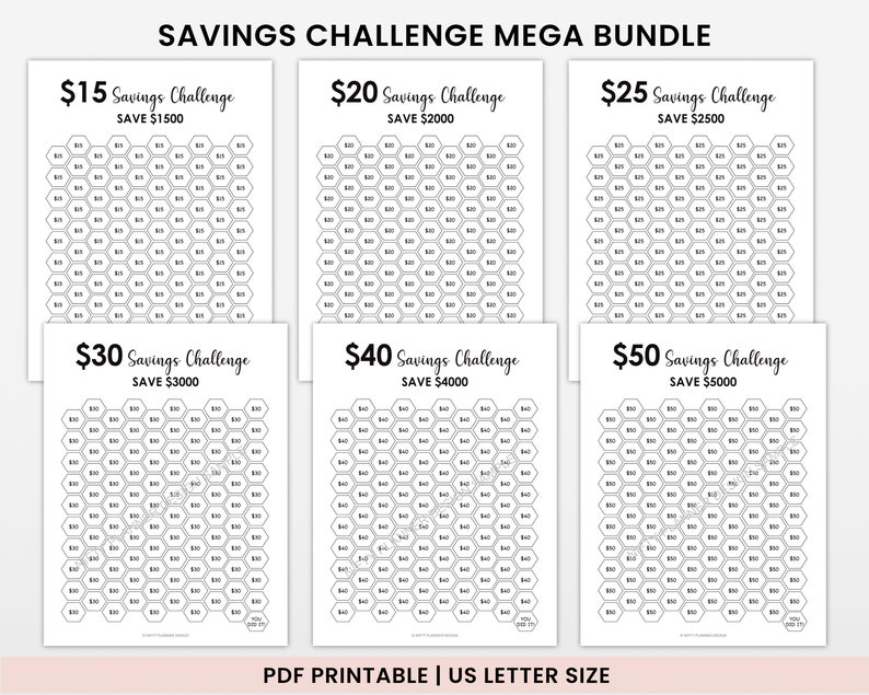 Image for Etsy showing 6 savings challenge printables to save $1500, $2000, $2500, $3000, $4000, and  $5000 saving challenge printable