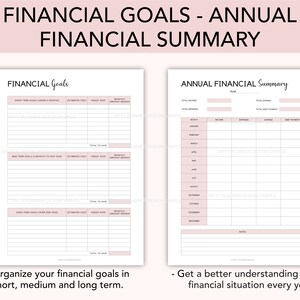 May include: Printable financial goal and summary planner with a pink and white color scheme. The planner includes sections for short, medium, and long-term goals, as well as an annual financial summary.