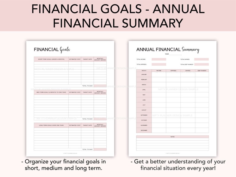 May include: Printable financial goal and summary planner with a pink and white color scheme. The planner includes sections for short, medium, and long-term goals, as well as an annual financial summary.