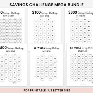 Image for Etsy showing 6 savings challenge printables to save $10000, $100, $300, $500, 26 and 52 weeks saving challenge printable