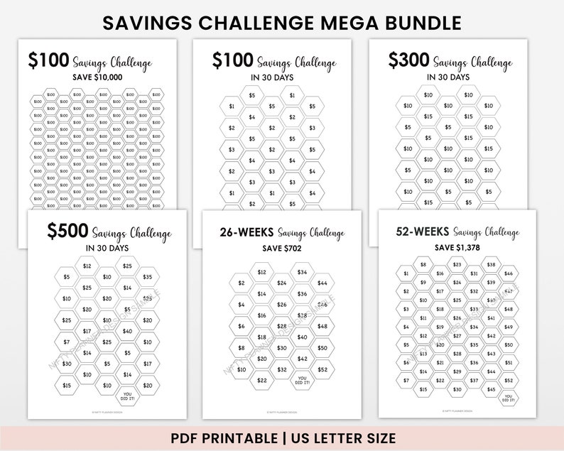 Image for Etsy showing 6 savings challenge printables to save $10000, $100, $300, $500, 26 and 52 weeks saving challenge printable