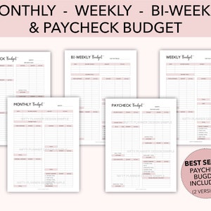 May include: Five printable budget worksheets in black and white with pink accents. The worksheets are labeled "Monthly Budget", "Weekly Budget", "Bi-Weekly Budget", and "Paycheck Budget" (two versions). The text "Best Seller Paycheck Budget Included! (2 Versions)" is in a pink box at the bottom right corner of the image.