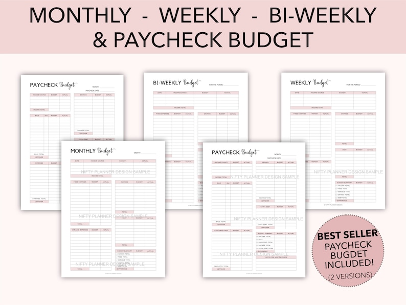 May include: Five printable budget worksheets in black and white with pink accents. The worksheets are labeled "Monthly Budget", "Weekly Budget", "Bi-Weekly Budget", and "Paycheck Budget" (two versions). The text "Best Seller Paycheck Budget Included! (2 Versions)" is in a pink box at the bottom right corner of the image.