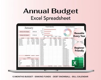 Annual Budget Spreadsheet Excel – 12 Month Budget Planner with Sinking Funds & Debt Snowball
