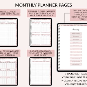 Op de afbeelding: Een digitale planner met roze en witte pagina's voor het budgetteren en bijhouden van uitgaven. De planner bevat secties voor maandelijkse kalenders, uitgavenvolgers, spaargelden, contant geld enveloppe en budgetanalyses. De planner is ontworpen om gebruikers te helpen hun financi&euml;n te beheren en hun financi&euml;le doelen te bereiken.
