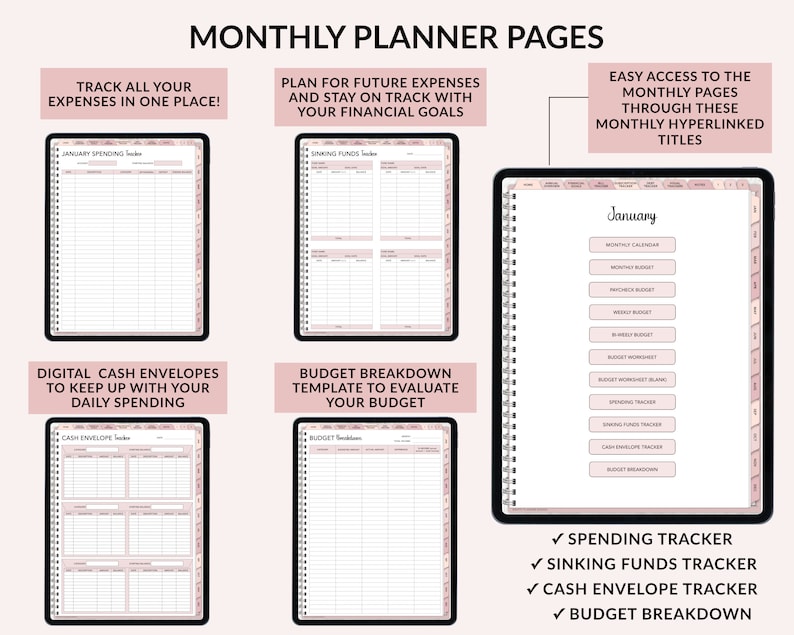 Op de afbeelding: Een digitale planner met roze en witte pagina's voor het budgetteren en bijhouden van uitgaven. De planner bevat secties voor maandelijkse kalenders, uitgavenvolgers, spaargelden, contant geld enveloppe en budgetanalyses. De planner is ontworpen om gebruikers te helpen hun financi&euml;n te beheren en hun financi&euml;le doelen te bereiken.