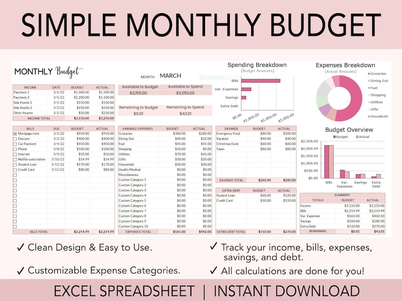 Monthly Budget Spreadsheet Excel Budget Template Excel | Etsy