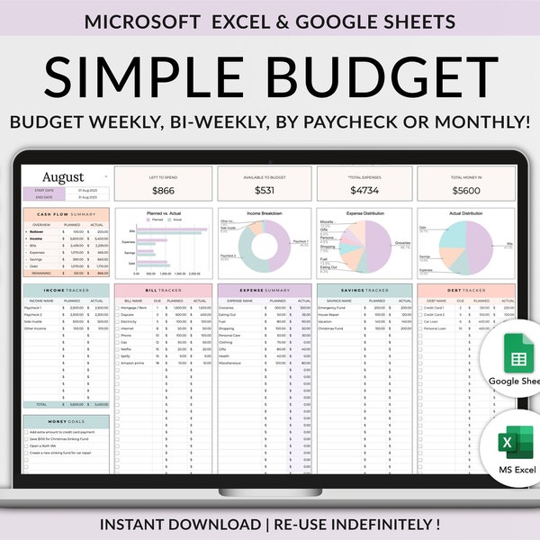 Modello di budget Excel, foglio di calcolo del budget Google Fogli, foglio di calcolo del budget mensile, modello di pianificatore di budget, foglio di calcolo del budget per la busta paga