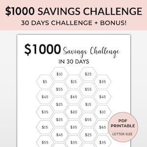 1000 Money Saving Challenge, Économisez 1000 en 30 jours, 1000 Savings Tracker, , Money Saving Challenge imprimable, 1000 économies en 30 jours