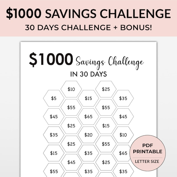 1000 Money Saving Challenge, Save 1000 in 30 days, 1000 Savings Tracker, , Money Saving Challenge Printable, 1000 Savings in 30 Days