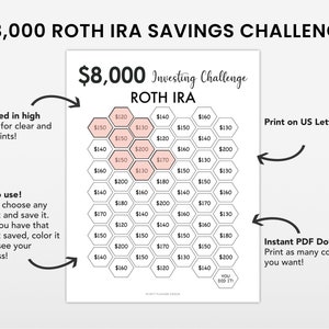 8000 Roth IRA Savings Challenge tracker, 8.000 Savings Tracker, Noodfonds afdrukbaar, Geldbesparende uitdaging afdrukbaar, Investering afbeelding 2