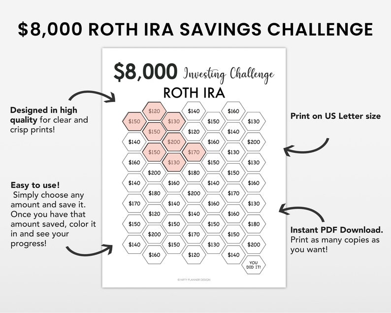 8000 Roth IRA Savings Challenge tracker, 8,000 Savings Tracker, Emergency Fund Printable, Money Saving Challenge Printable, Investment image 2