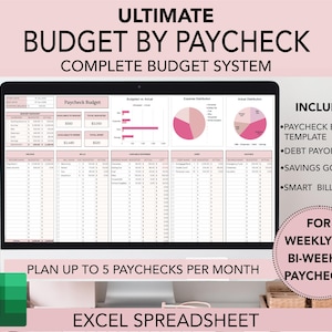 May include: computer with pink and white budget spreadsheet template. The spreadsheet is titled "Budget by Paycheck" and includes sections for income, expenses, and savings. The text "Ultimate Budget by Paycheck Complete Bundle" is displayed in spreadsheet. The text "Includes: Budget Template, Debt Planner, Sinking Funds, Calendar" . The text "Budget: Bi-Weekly or Weekly" is displayed at the bottom right of the image. The text "Up to 5 Paychecks per Month". The text "Excel Spreadsheet"