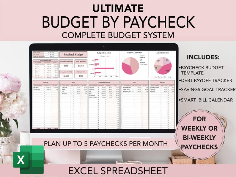 May include: computer with pink and white budget spreadsheet template. The spreadsheet is titled "Budget by Paycheck" and includes sections for income, expenses, and savings. The text "Ultimate Budget by Paycheck Complete Bundle" is displayed in spreadsheet. The text "Includes: Budget Template, Debt Planner, Sinking Funds, Calendar" . The text "Budget: Bi-Weekly or Weekly" is displayed at the bottom right of the image. The text "Up to 5 Paychecks per Month". The text "Excel Spreadsheet"