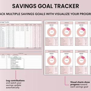 May include: A spreadsheet  for the "Ultimate Budget by Paycheck" showing "Savings Tracker / Sinking Funds Tracker". The spreadsheet is used to track sinking funds for various expenses, such as a house down payment, Christmas, family vacation, car repair, and property taxes. Savings Goals Dashboard is showing. Visual charts show progress toward each savings goal. Track multiple savings goals in one organized dashboard. Log contributions and watch your savings update automatically.