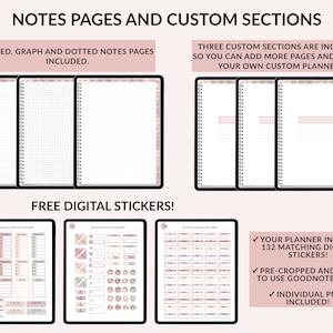 Op de afbeelding: Een digitale planner met drie aangepaste secties, gelinieerde, geblokte en gestippelde notitiepagina's en 132 bijpassende digitale stickers. De planner bevat een vooraf geknipt Goodnotes-bestand en individuele PNG's.
