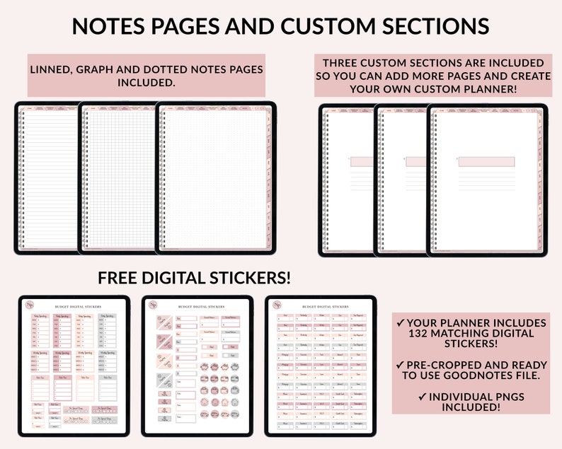 Op de afbeelding: Een digitale planner met drie aangepaste secties, gelinieerde, geblokte en gestippelde notitiepagina's en 132 bijpassende digitale stickers. De planner bevat een vooraf geknipt Goodnotes-bestand en individuele PNG's.