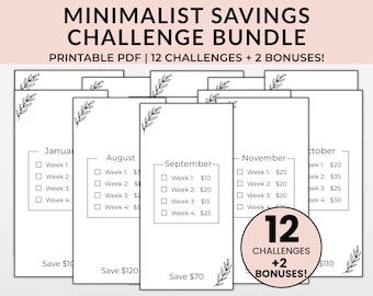 Minimalist Savings Challenge Printable Bundle, A6 Low Income Savings Challenge Bundle, 12 Months Savings Tracker, 100 Envelope Challenge