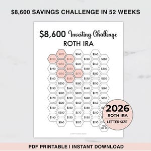 8600 Roth IRA 2026 Savings Challenge tracker, 8,600 Savings Tracker, Emergency Fund Printable, Money Saving Challenge Printable, Investment image 4