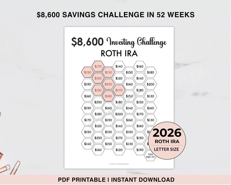 8600 Roth IRA 2026 Savings Challenge tracker, 8,600 Savings Tracker, Emergency Fund Printable, Money Saving Challenge Printable, Investment image 4