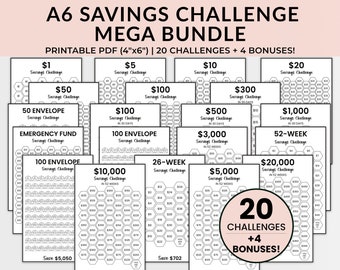 A6 Savings Challenge Mega Bundle: 20 Trackers + Bonuses (PDF)
