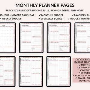 Op de afbeelding: Een set met printbare budgetplannerpagina's met zes verschillende sjablonen: maandelijks, per loonstrook, wekelijks, tweewekelijks, budgetwerkblad en leeg budgetwerkblad. De pagina's zijn ontworpen om je te helpen je budget, inkomen, rekeningen, besparingen, schulden en meer bij te houden.