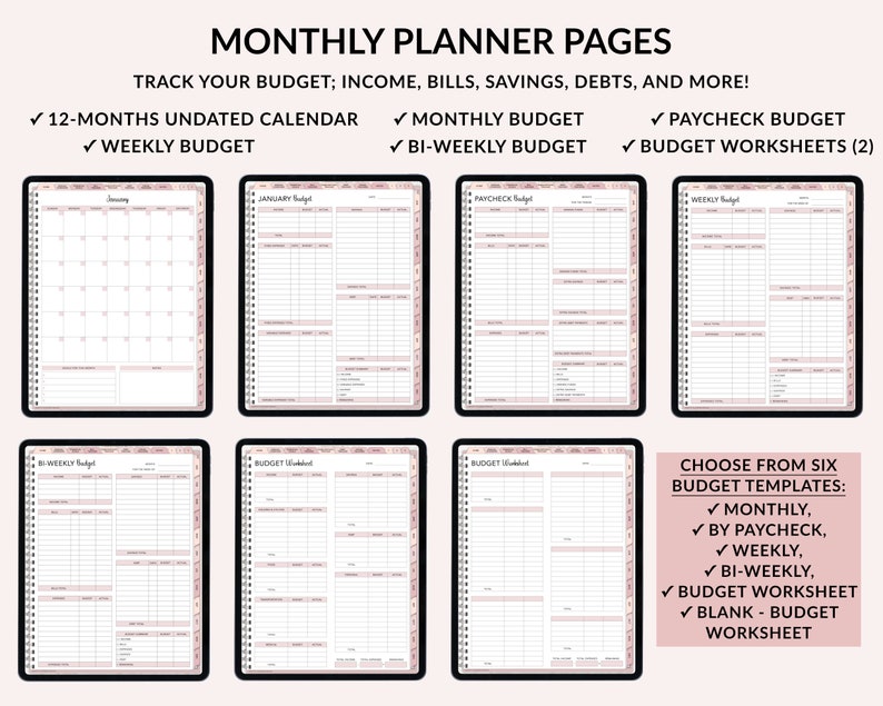 Op de afbeelding: Een set met printbare budgetplannerpagina's met zes verschillende sjablonen: maandelijks, per loonstrook, wekelijks, tweewekelijks, budgetwerkblad en leeg budgetwerkblad. De pagina's zijn ontworpen om je te helpen je budget, inkomen, rekeningen, besparingen, schulden en meer bij te houden.