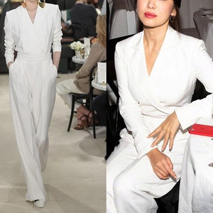 White Jumpsuit Pant Suit, Designer Woman Suite Jacket & Pant in One Piece,  Casual/ Party / Formal Fit Gift for Her 