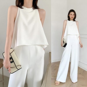 Women Chiffon Jumpsuit Wide Leg Sleeveless White Rompers, Summer Jumpsuit Women for Smart Casual Formal Event Party Wedding IG KOL gift