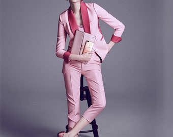 Pink Suit Jacket + Pant + Vest set, Woman Designer Pant Suit Variance  Colored Long Slim Cut Tight Fit for Casual/ Formal Gift for her