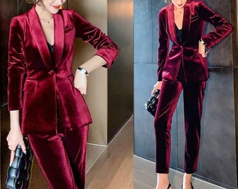 Dark Red Green Brown Shiny Velvet Pantsuit Designer Woman Suit