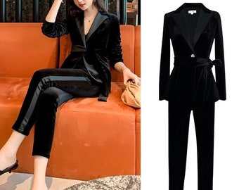 Black velvet pants suit best sale