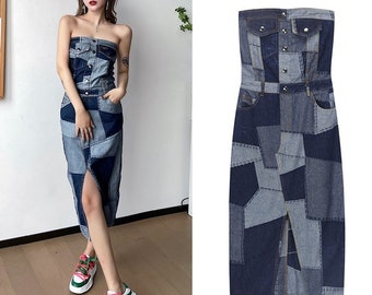 Patchwork Denim Long Dress Designer Woman Street Casual One Piece