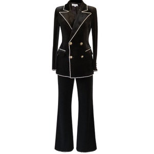 Black Velvet Pantsuit, Designer Women Suit Jacket Pants Slim Cut Shiny