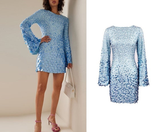 Women Sequin Blue Mini Dress, Designer Slim Cut Flared Sleeve One