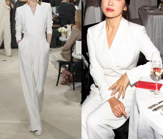 White Jumpsuit Pant Suit, Designer Woman Suite Jacket & Pant in
