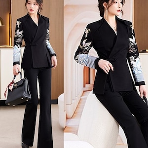 Women Tailored Evening Suit Set Art Fabric Elegant Tunic Top and