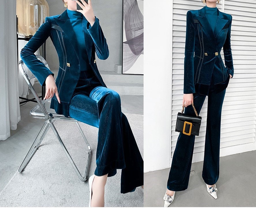 Royal Blue Formal Pantsuit Women, Three Piece Pantsuit, Single Breasted  Blazer With Vest Wide Leg Pants, Prom Suit 