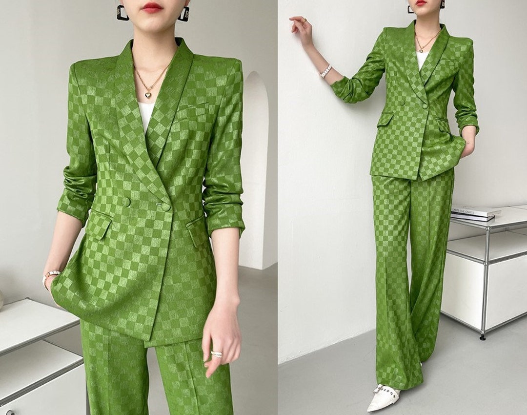 Green Checkered Pantsuit, Designer Women Blazer High Waist Pants Subtle