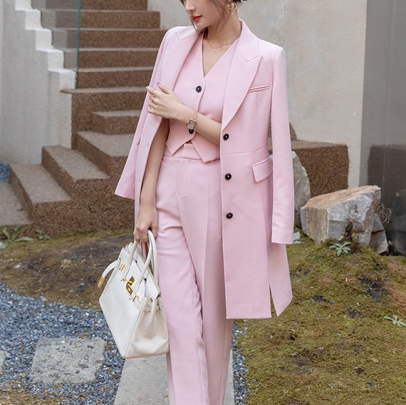 Pink Long Suit Jacket Vest Pants, Woman Designer Blazer Pantsuit