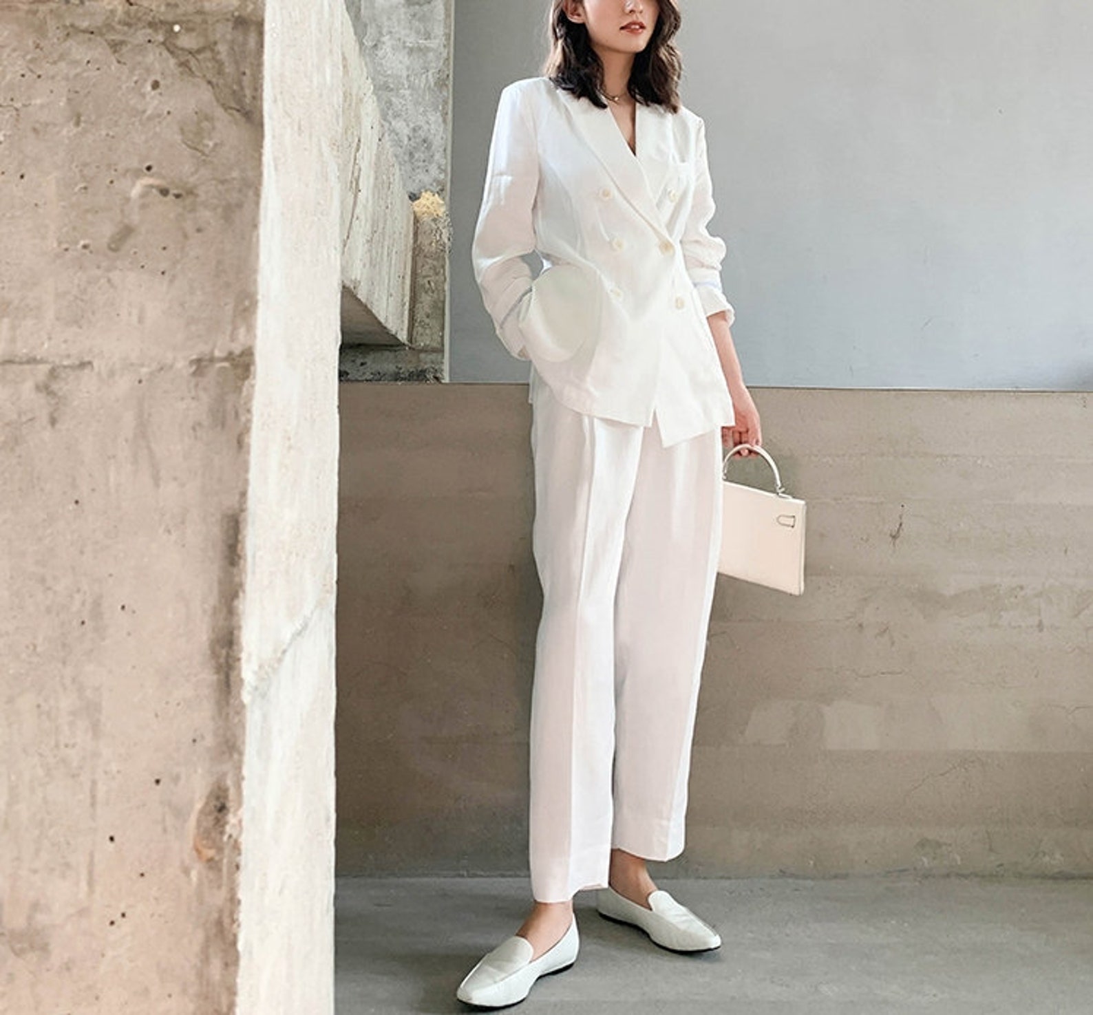 White Linen Pantsuit Designer Woman Korean Style Soft - Etsy