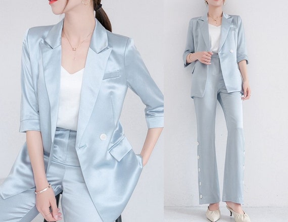 Pastel Blue Acetate Pantsuit, Designer Woman Suit Jacket Pant Set  Minimalist Style for Smart Casual/ Formal/ Event/ Party/ Gift 