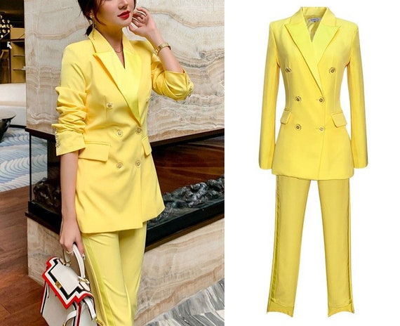 Yellow Woman Pantsuit, Designer Woman Minimalist Style Slim Cut