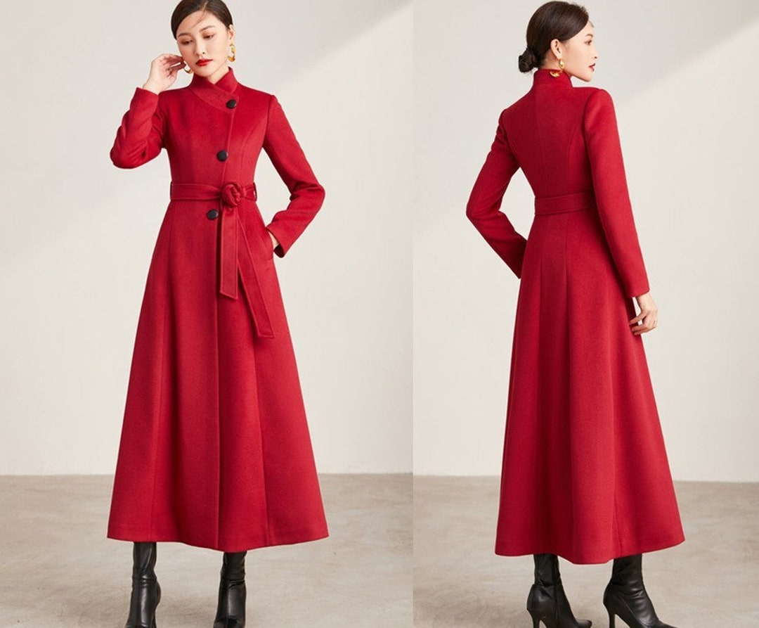 Red Thick Trench Coat Designer Woman Long Coat Slim Cut Smart Etsy