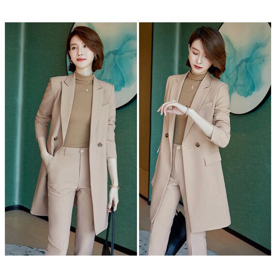 Women Long Coat Pants Pantsuit in Extra Large Khaki/ Beige/ Black, Women  Blazer Suit Jacket and Pants for Event Party Formal Office Gift 
