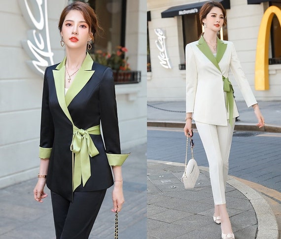 Green & Black/white Pantsuit, Designer Woman Suit Jacket/ Blazer Pants Suit  Set Modern Slim Cut Smart Casual Formal Event Party Gift -  Denmark