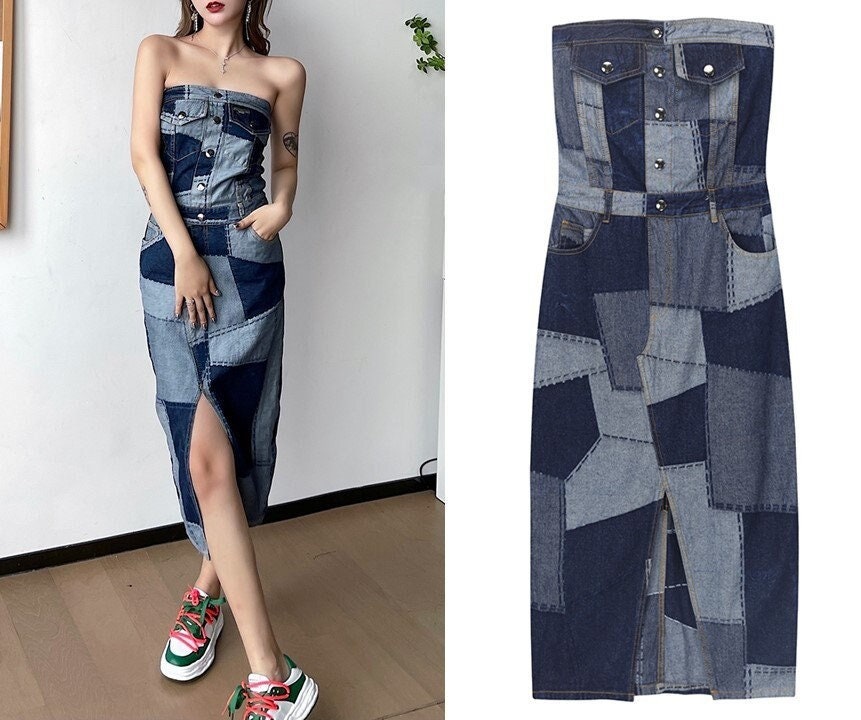 Piece Street Patchwork Party - Her for Denim Blue Jeans Denmark Dress, Long Art Casual Collage Etsy Gift Designer One Event Woman