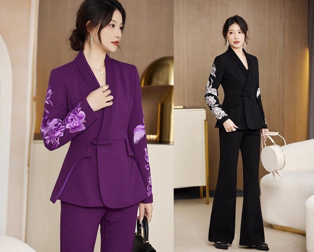 Oriental Embroidery Bird & Flowers Pantsuit, Designer Woman Slim Cut
