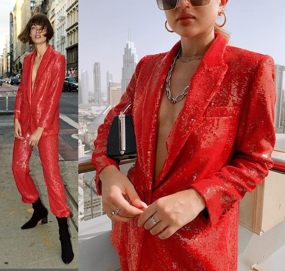 Red Sequin Layer Pant Suit, Designer Woman Shiny Suit Jacket Pant Set Casual/  Formal/ Party Gift for Her 